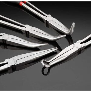 RUNIGOO 5 Piece Long Reach Plier Set - 11” Long Needle Nose Pliers Sets - Straight, 25, 45, 90-Degree Angle, Long Reach Bent Circle Pliers for Hard-to-Reach Narrow Spaces