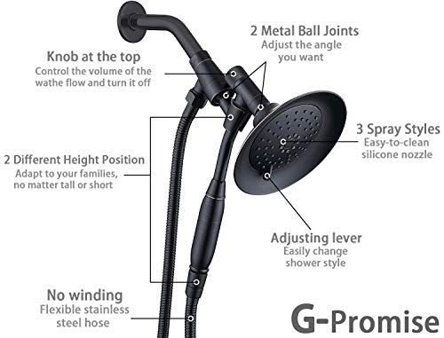 G-Promise Double Height Positioning Shower Head, High Pressure Shower Heads with Handheld Spray, Adjustable Metal Holder, Extra Long Stainless Steel Flexible Hose