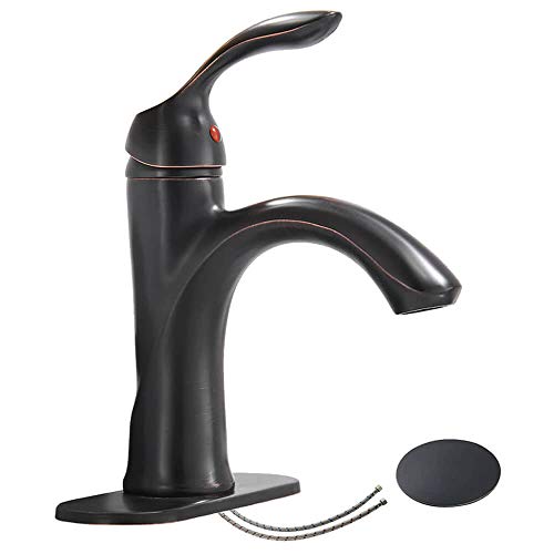 Homevacious Oil Rubbed Bronze Bathroom Faucet Antique Lavatory Sink Single Handle Bath One Hole Lever with Pop Up Drain with Overflow Low-Arc Basin Mixer Tap Supply Hose Lead-Free