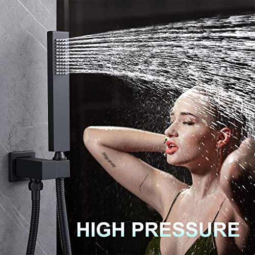 ENGA Bathroom Square Matte Black Solid Brass Hand Held Shower Head With Wall Connector and Hose System Wall Mount Handheld Showerheads Set