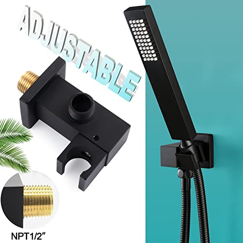 ENGA Bathroom Square Matte Black Solid Brass Hand Held Shower Head With Wall Connector and Hose System Wall Mount Handheld Showerheads Set