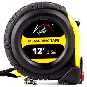 12 foot measuring tape measure by kutir - easy to read both side dual ruler, retractable, heavy duty, magnetic hook, metric, inches and imperial measurement, shock absorbent rubber case