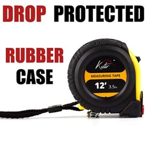 12 Foot Measuring Tape Measure by Kutir - Easy to Read Both Side Dual Ruler, Retractable, Heavy Duty, Magnetic Hook, Metric, Inches and Imperial Measurement, Shock Absorbent Rubber Case