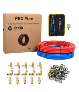 efield 1/2 inch 200 ft pex-b pipe/tubing 2 x100 ft blue & red, pex fittings (15), crimp tool, clamps, and cutter combo kit