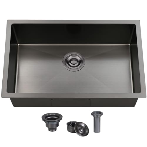 Ufaucet 28 Inch Black Undermount Kitchen Sink, 9 Inch Deep Stainless Steel Single Bowl Kitchen Sink, Modern 16 Gauge Dark Grey Nano Undermount Sink