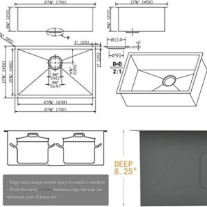 Ufaucet 28 Inch Black Undermount Kitchen Sink, 9 Inch Deep Stainless Steel Single Bowl Kitchen Sink, Modern 16 Gauge Dark Grey Nano Undermount Sink