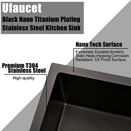 Ufaucet 28 Inch Black Undermount Kitchen Sink, 9 Inch Deep Stainless Steel Single Bowl Kitchen Sink, Modern 16 Gauge Dark Grey Nano Undermount Sink