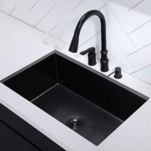 Ufaucet 28 Inch Black Undermount Kitchen Sink, 9 Inch Deep Stainless Steel Single Bowl Kitchen Sink, Modern 16 Gauge Dark Grey Nano Undermount Sink