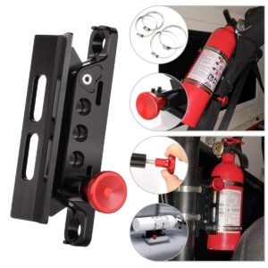 adjustable aluminum fire extinguisher mount holder with 4 clamps vehicle fire extinguisher bracket for wrangler tj jk jl jku utv polaris rzr ranger (black with red knob)