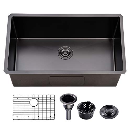 Ufaucet 32 Inch Nano Black Undermount Kitchen Sink, Zero Radius 16-Gauge Stainless Steel Commercial Single Bowl Wet Bar Prep Sink with Drainer and Bottom Grid