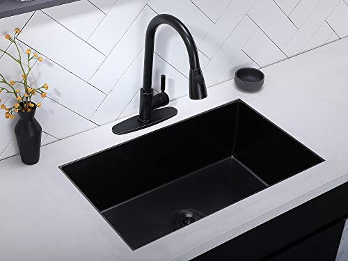 Ufaucet 32 Inch Nano Black Undermount Kitchen Sink, Zero Radius 16-Gauge Stainless Steel Commercial Single Bowl Wet Bar Prep Sink with Drainer and Bottom Grid