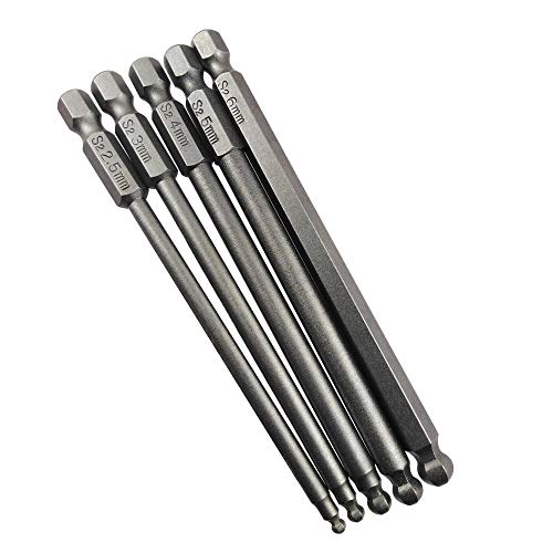 Wolfride 5pcs Ball end hex Shank Screwdriver bit Set Ball end Drill bit Magnetic with 1/4 Inch Hex Shank 100mm Length |2.5mm 3mm 4mm 5mm 6mm