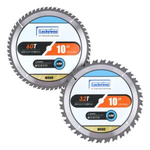 luckyway 2-pack 10 inch miter/table saw blades 32t&60t with 5/8 inch arbor tct circular saw blade for cutting wood