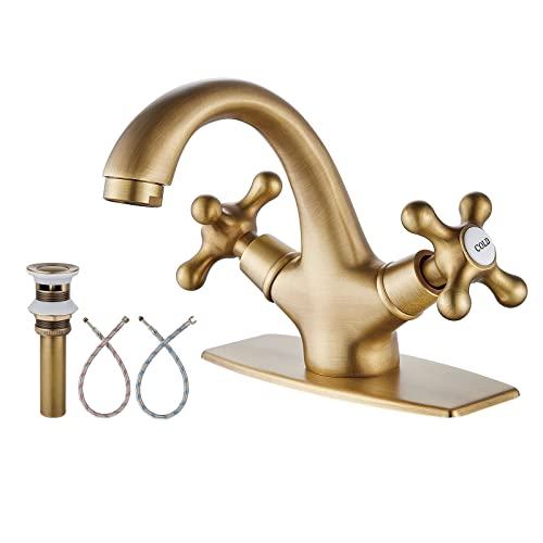 Aolemi Bathroom Sink Faucet Antique Brass Single Hole Cold and Hot Double Handle Cross Knobs Vanity Vessel Sink Basin Mixer Tap with Pop Up Drain with Overflow and Deck Cover Plate