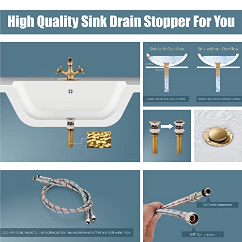 Aolemi Bathroom Sink Faucet Antique Brass Single Hole Cold and Hot Double Handle Cross Knobs Vanity Vessel Sink Basin Mixer Tap with Pop Up Drain with Overflow and Deck Cover Plate