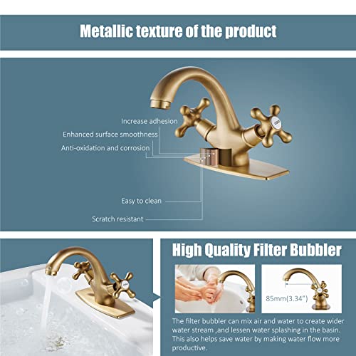 Aolemi Bathroom Sink Faucet Antique Brass Single Hole Cold and Hot Double Handle Cross Knobs Vanity Vessel Sink Basin Mixer Tap with Pop Up Drain with Overflow and Deck Cover Plate