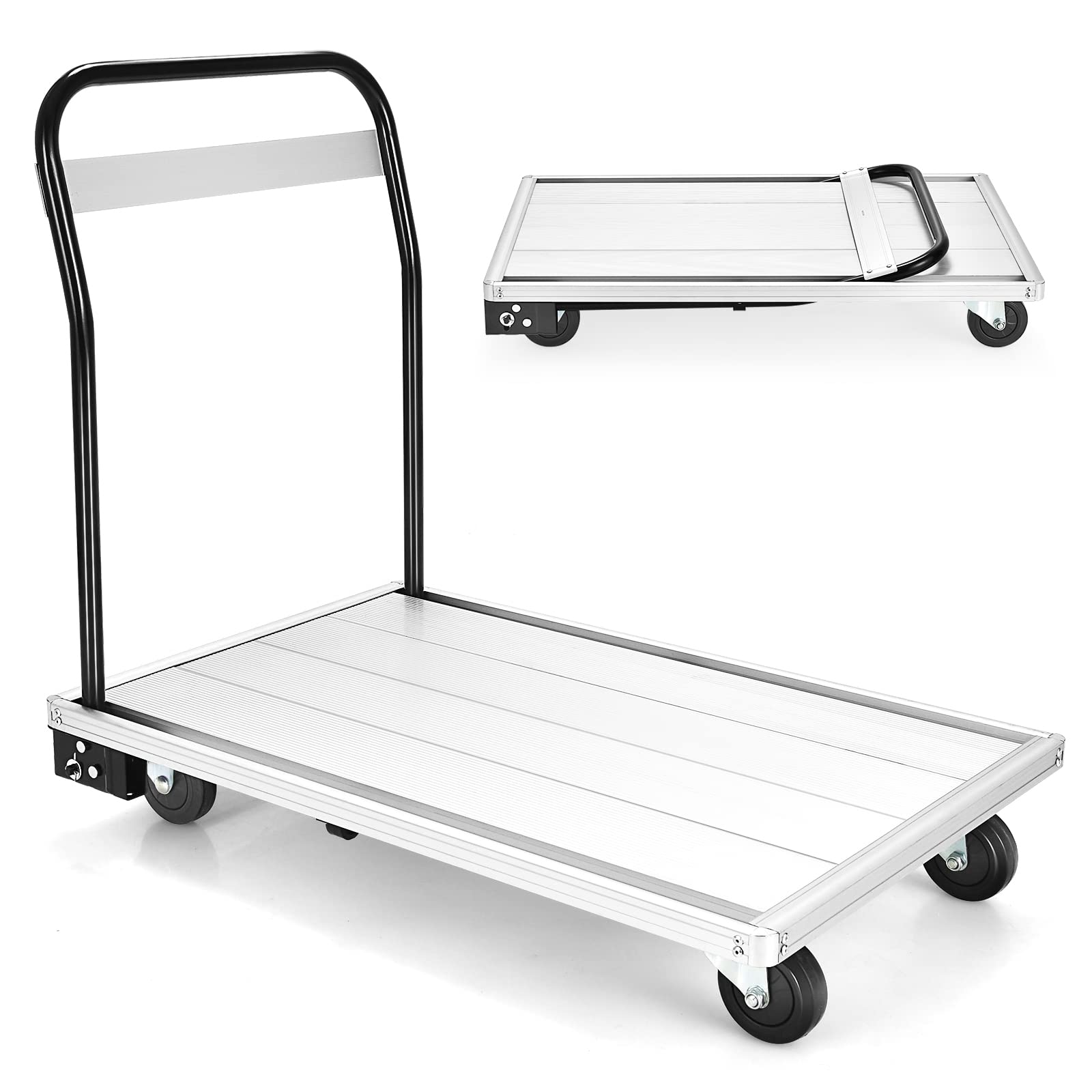 Goplus Folding Aluminum Platform Cart, 770 Lbs Moving Platform Truck Hand Cart with 360 Degree Swivel Wheels and Non-Slip Platform Surface, Flatbed Push Cart Dolly