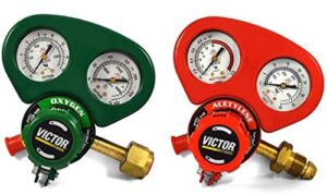 set of medium duty victor oxygen & acetylene regulators w/metal gauge guards ***