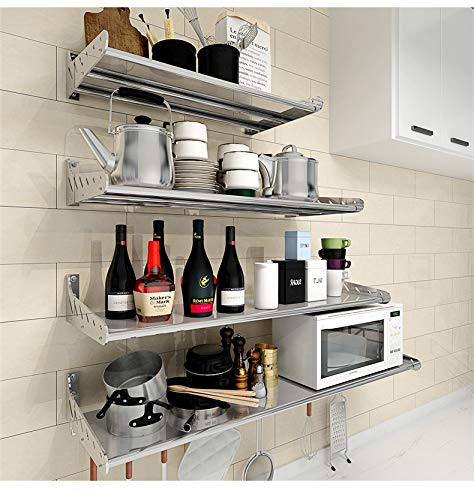 Funan Mountain Stainless Stell Wall Mount Shelf with Hooks 304 Bathroom Kitchen Commercial Shelf Rack Restaurant Bar Multifunctional Storage Shelf (10.63, 31.5)