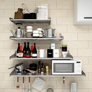 Funan Mountain Stainless Stell Wall Mount Shelf with Hooks 304 Bathroom Kitchen Commercial Shelf Rack Restaurant Bar Multifunctional Storage Shelf (10.63, 31.5)