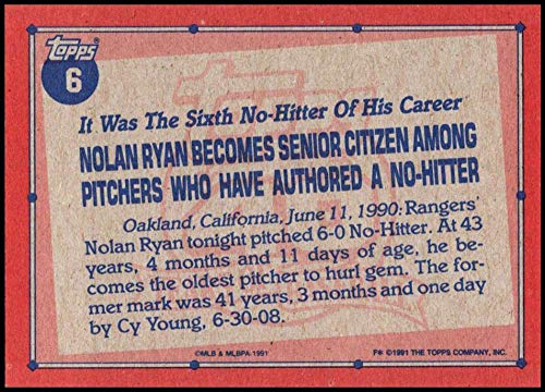 1991 Topps #6 Nolan Ryan NM-MT Texas Rangers Officially Licensed MLB Baseball Trading Card