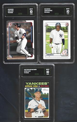 GEM MINT AARON JUDGE JASSON DOMINGUEZ ANTHONY VOLPE 3 CARD ROOKIE LOT BOWMAN & TOPPS GRADED GMA GEM MINT 10 YANKEES STAR PLAYERS