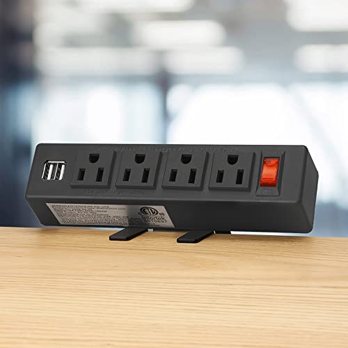 HHSOET Desk Clamp Power Strip, Desktop Power Outlet Clamp Mount with 2 USB Ports, 4 AC Outlets, Mountable Desk Outlet Removable Power Plugs with 6ft Cord.(4AC2USB-Black)