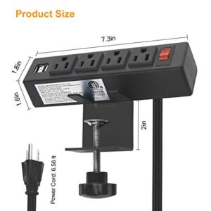 HHSOET Desk Clamp Power Strip, Desktop Power Outlet Clamp Mount with 2 USB Ports, 4 AC Outlets, Mountable Desk Outlet Removable Power Plugs with 6ft Cord.(4AC2USB-Black)