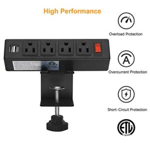 HHSOET Desk Clamp Power Strip, Desktop Power Outlet Clamp Mount with 2 USB Ports, 4 AC Outlets, Mountable Desk Outlet Removable Power Plugs with 6ft Cord.(4AC2USB-Black)