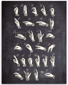 american sign language - asl classroom alphabet poster, educational homeschool display, great gift for hearing impaired and speech therapists, chalkboard look - 11x14 unframed art print poster