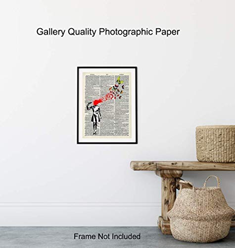 Banksy Poster, Dictionary Art, Home Decor - Upcycled Vintage Graffiti Wall Art Print - Unique Hipster Room Decorations for Office - Gift for Street Art, Mural Fans - 8x10 Photo Unframed, Suicide Girl