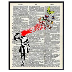 Banksy Poster, Dictionary Art, Home Decor - Upcycled Vintage Graffiti Wall Art Print - Unique Hipster Room Decorations for Office - Gift for Street Art, Mural Fans - 8x10 Photo Unframed, Suicide Girl