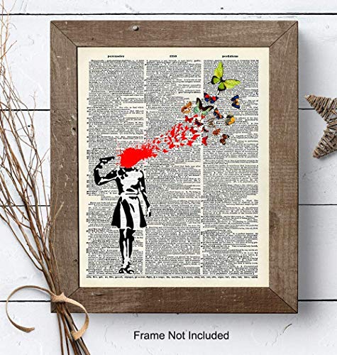 Banksy Poster, Dictionary Art, Home Decor - Upcycled Vintage Graffiti Wall Art Print - Unique Hipster Room Decorations for Office - Gift for Street Art, Mural Fans - 8x10 Photo Unframed, Suicide Girl