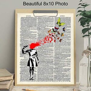 Banksy Poster, Dictionary Art, Home Decor - Upcycled Vintage Graffiti Wall Art Print - Unique Hipster Room Decorations for Office - Gift for Street Art, Mural Fans - 8x10 Photo Unframed, Suicide Girl