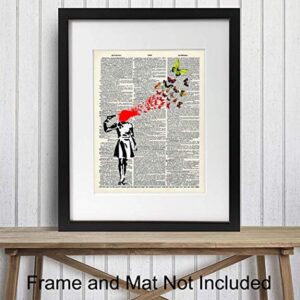 Banksy Poster, Dictionary Art, Home Decor - Upcycled Vintage Graffiti Wall Art Print - Unique Hipster Room Decorations for Office - Gift for Street Art, Mural Fans - 8x10 Photo Unframed, Suicide Girl