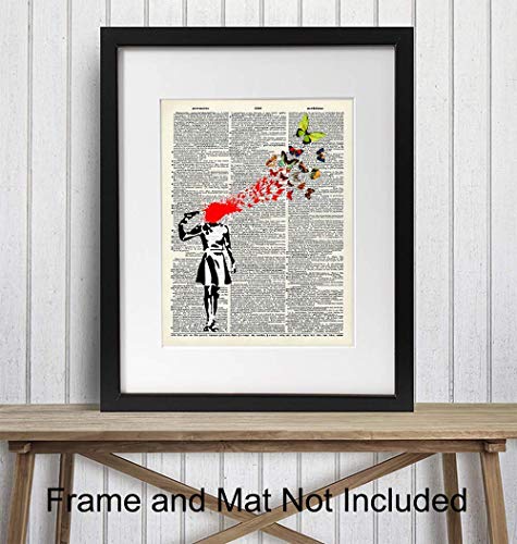 Banksy Poster, Dictionary Art, Home Decor - Upcycled Vintage Graffiti Wall Art Print - Unique Hipster Room Decorations for Office - Gift for Street Art, Mural Fans - 8x10 Photo Unframed, Suicide Girl