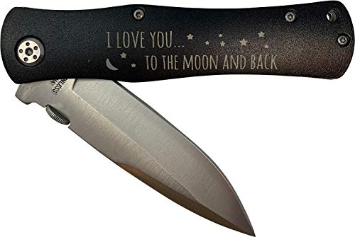 CustomGiftsNow I Love You to The Moon and Back Stainless Steel Folding Pocket Knife with Clip, Black