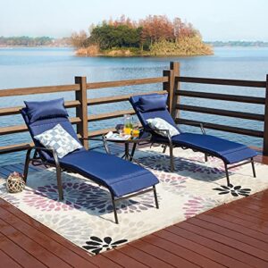 LOKATSE HOME 3 Pieces Outdoor Patio Chaise Lounges Chairs Set Adjustable with Folding Table, Dark Blue Cushions
