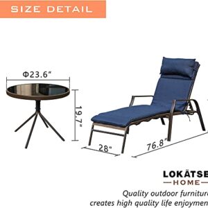 LOKATSE HOME 3 Pieces Outdoor Patio Chaise Lounges Chairs Set Adjustable with Folding Table, Dark Blue Cushions
