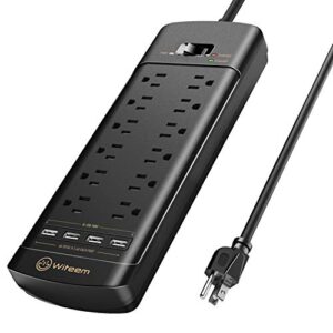 power strip, witeem surge protector with 12-outlet (1875w/15a, 4360joules) and 4 usb charging ports (5v/6a, 30w), 6ft extension cord, wall mountable overload protection outlet for home & office, black