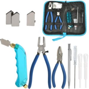 yotino glass cutting tool kit includes blue grip oil feed glass cutter with 2 pliers, 3 extra replacement head, tungsten scribe engraving pen, screwdriver and oil dropper