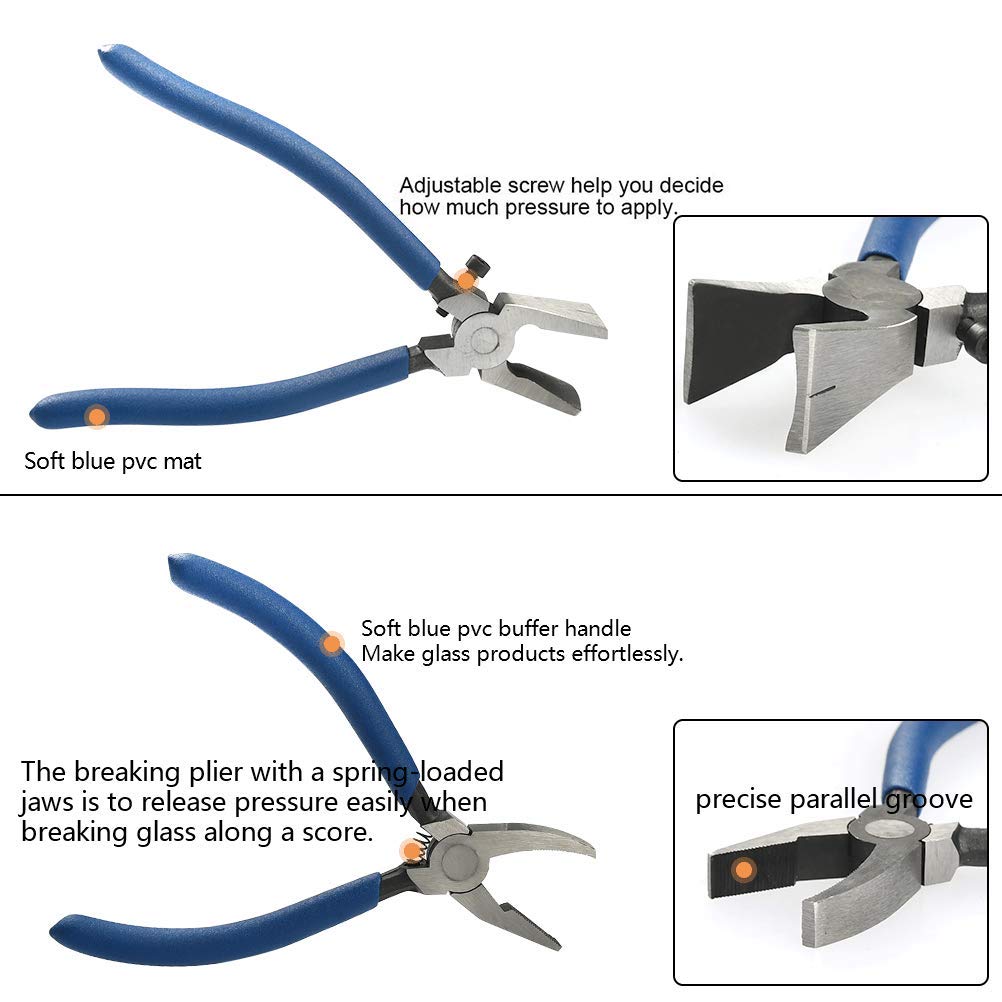 YOTINO Glass Cutting Tool Kit Includes Blue Grip Oil Feed Glass Cutter with 2 pliers, 3 Extra Replacement Head, Tungsten Scribe Engraving Pen, Screwdriver and Oil Dropper