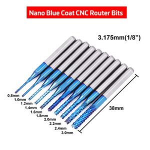 40Pcs End Mills CNC Router Bits Set 1/8" Shank, Mcwdoit CNC Machine Cutting Milling Tool Engraving Cutter Including Flat Nose/Ball Nose End Mill, Nano Blue Coat/Titanium Coat 2 Flute CNC Router Bits