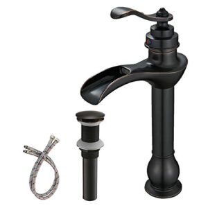 bwe vessel sink faucet oil rubbed bronze waterfall farmhouse rustic with pop up drain assembly and supply hose lead-free single-handle single hole bathroom faucet vanity lavatory mixer tap tall body