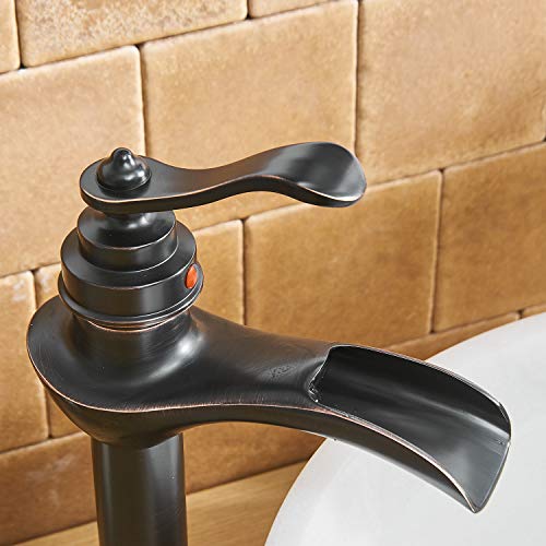 BWE Vessel Sink Faucet Oil Rubbed Bronze Waterfall Farmhouse Rustic with Pop Up Drain Assembly and Supply Hose Lead-Free Single-Handle Single Hole Bathroom Faucet Vanity Lavatory Mixer Tap Tall Body