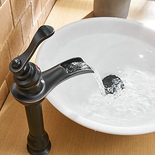 BWE Vessel Sink Faucet Oil Rubbed Bronze Waterfall Farmhouse Rustic with Pop Up Drain Assembly and Supply Hose Lead-Free Single-Handle Single Hole Bathroom Faucet Vanity Lavatory Mixer Tap Tall Body