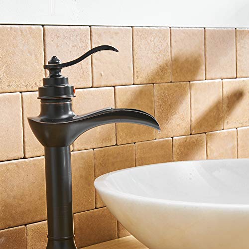 BWE Vessel Sink Faucet Oil Rubbed Bronze Waterfall Farmhouse Rustic with Pop Up Drain Assembly and Supply Hose Lead-Free Single-Handle Single Hole Bathroom Faucet Vanity Lavatory Mixer Tap Tall Body