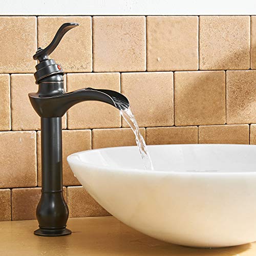 BWE Vessel Sink Faucet Oil Rubbed Bronze Waterfall Farmhouse Rustic with Pop Up Drain Assembly and Supply Hose Lead-Free Single-Handle Single Hole Bathroom Faucet Vanity Lavatory Mixer Tap Tall Body