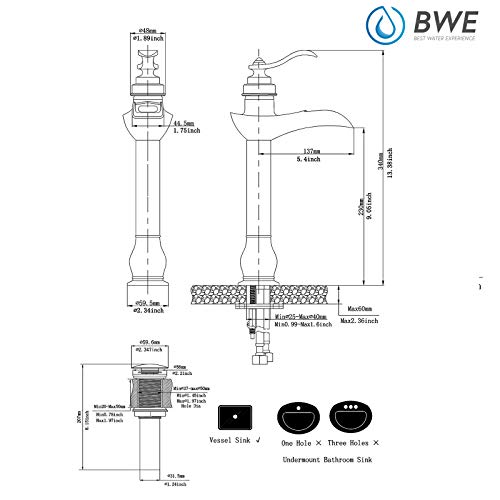 BWE Vessel Sink Faucet Oil Rubbed Bronze Waterfall Farmhouse Rustic with Pop Up Drain Assembly and Supply Hose Lead-Free Single-Handle Single Hole Bathroom Faucet Vanity Lavatory Mixer Tap Tall Body