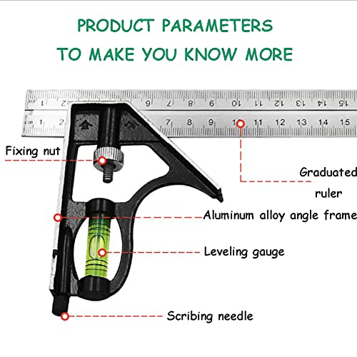 300mm (12") Combination Square Ruler, 1PC Adjustable Engineers Combination Try Square Set, Right Angle Ruler, Stainless Steel Finished Ruler, for Measurement, Marking, Layout